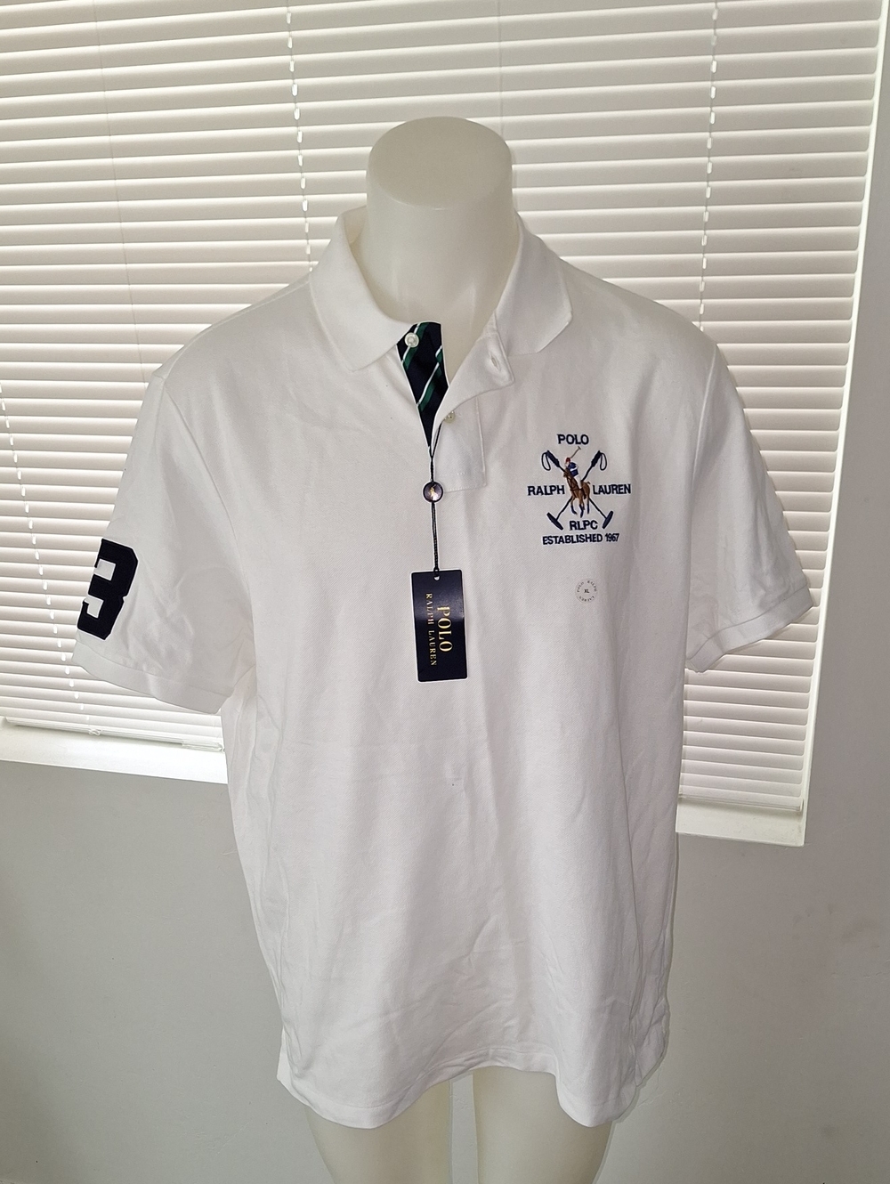 Polo by Ralph Lauren White Polo with Navy Sleeve Number & Embroidered Crest